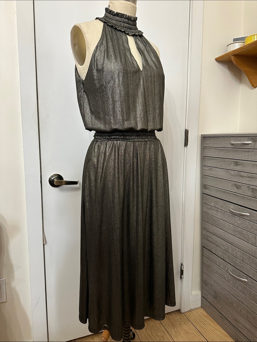 INC International Concepts Metallic Charcoal Halter Maxi Dress